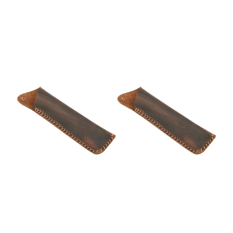 2X Genuine Leather Double Pen Sleeve Case Holder Pouch Cover For 2 Pen Handmade Vintage (Brown)
