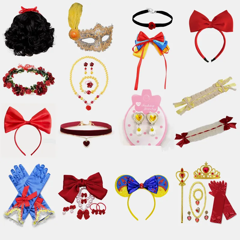 Girls Snow White Princess Cosplay Accessories Kids Birthday Party Dress Up Crown Necklace Earrings Gloves Synthetic Hair Wig Set