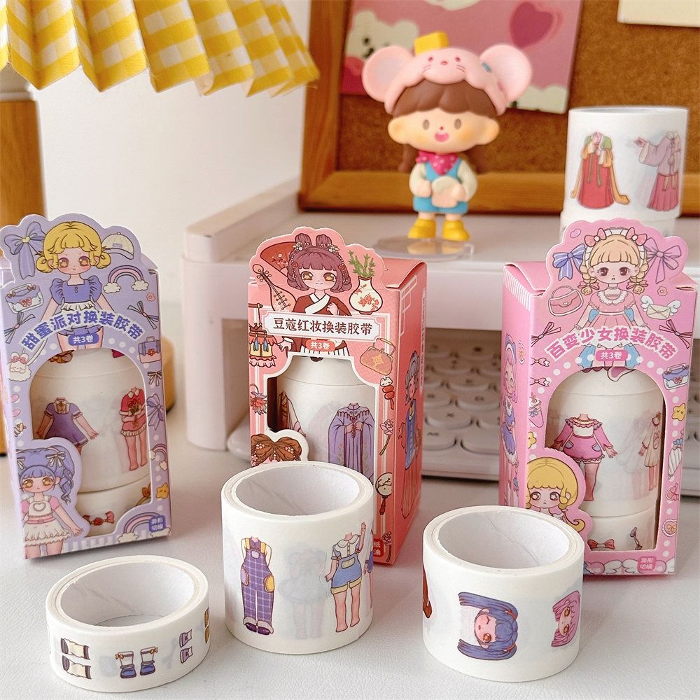 3 Roll Creative Cartoon Beauty Dress Up Tape Stickers Aesthetic Journal Student Hand Account Children Toys Girl Stickers