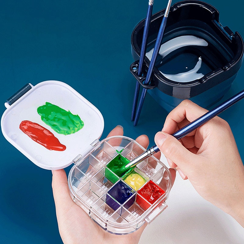 16Grids Folding Moisturizing Paint Storage Box Palette Wash Brush Bucket Pot For Watercolor Oil Painting Art Supplies HOT Sale