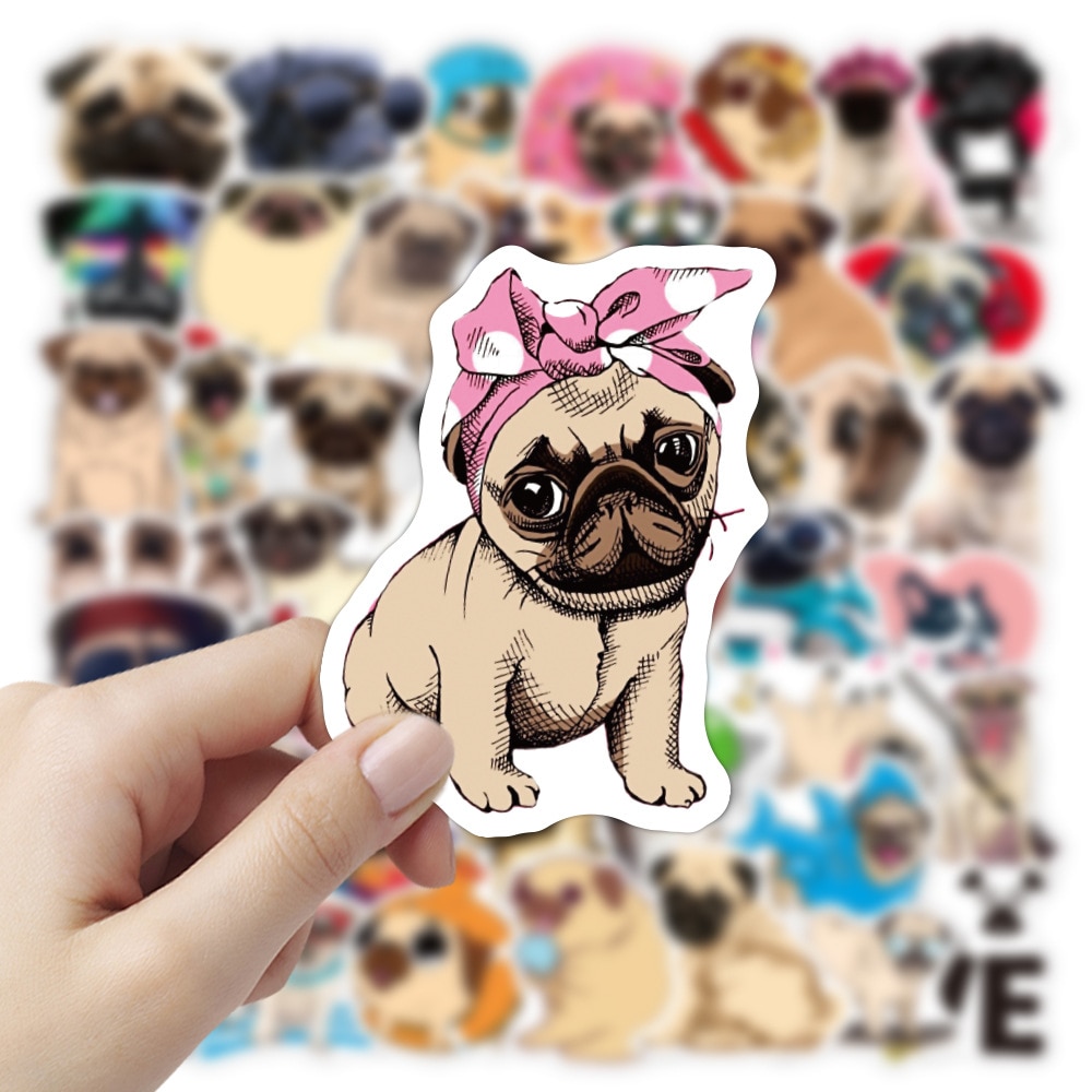 50pcs Funny Animal Dog Pug Stickers Kawaii Stationery Scrapbooking Phone Laptop Guitar Graffiti Puppy Decal Sticker Pets Toy