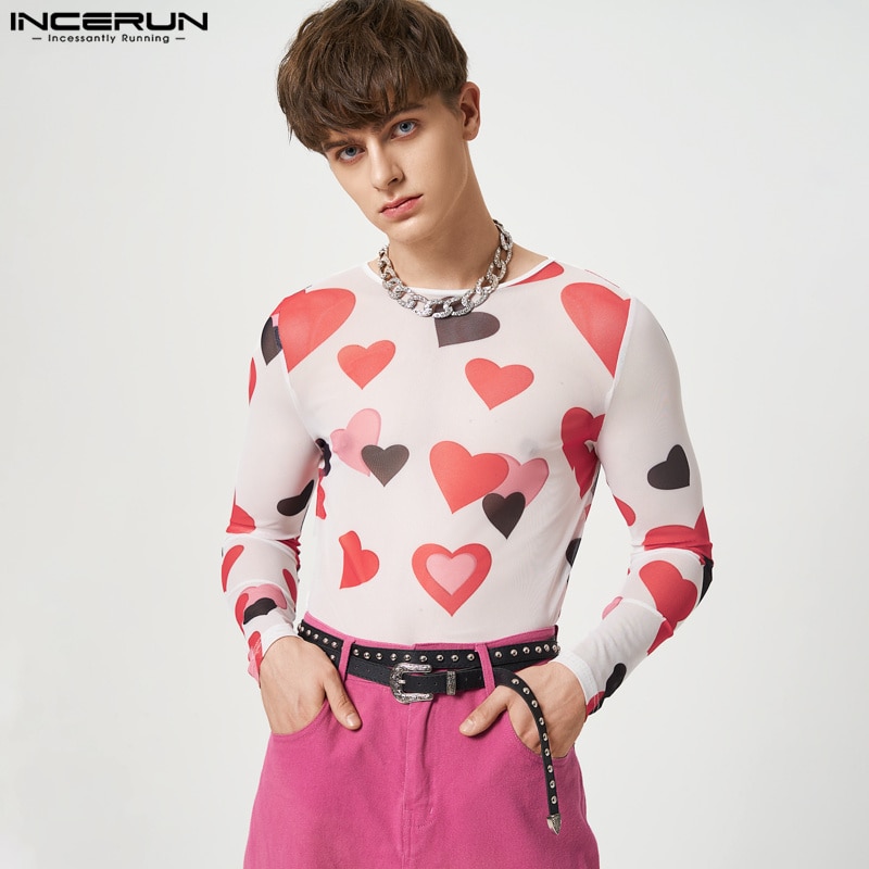 INCERUN Stylish Well Fitting Men's Homewear Love Printed See-through Mesh Rompers Casual Color Contrast Triangle Bodysuits 