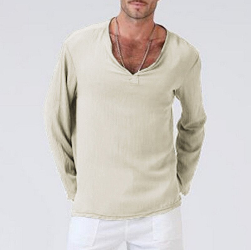 MRMT 2023 Brand New Men's Linen Ethnic Loose Male V-Neck Casual Fashion Solid Color Long-Sleeved t-Shirt