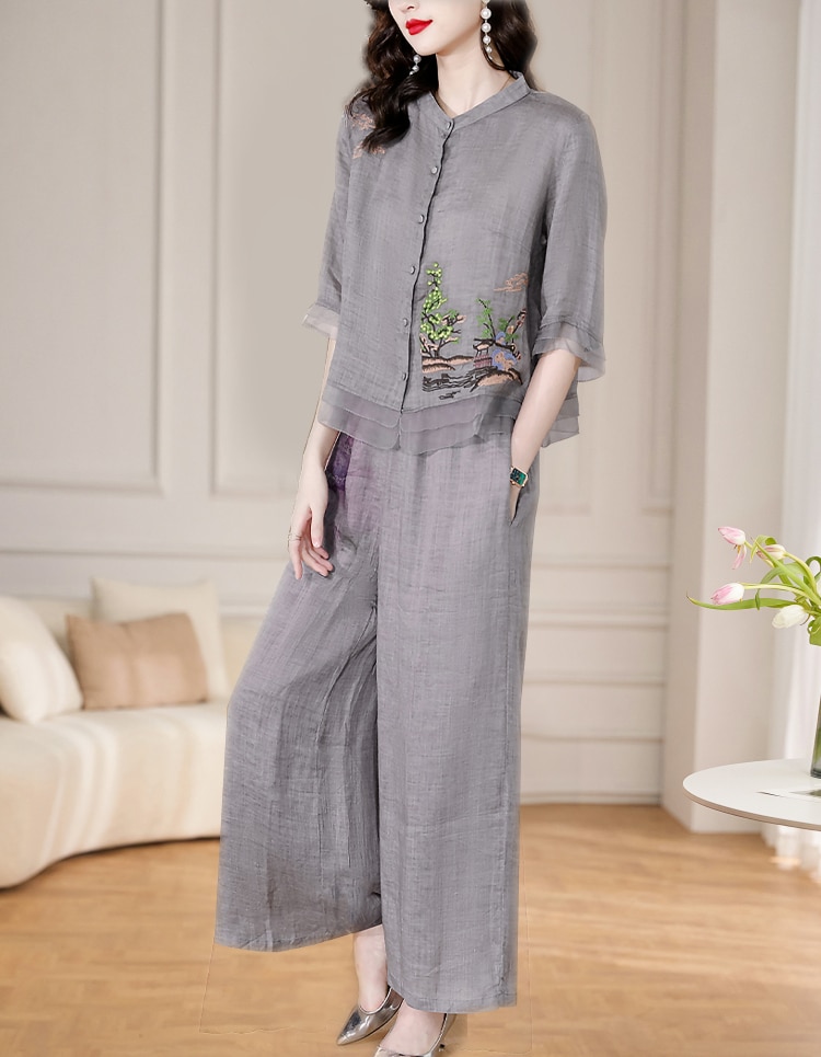 Embroidery Two-piece Set Middle-aged Mothers 2023 Summer New National Style Printed Elegant Fashionable Short Sleeve Set T374