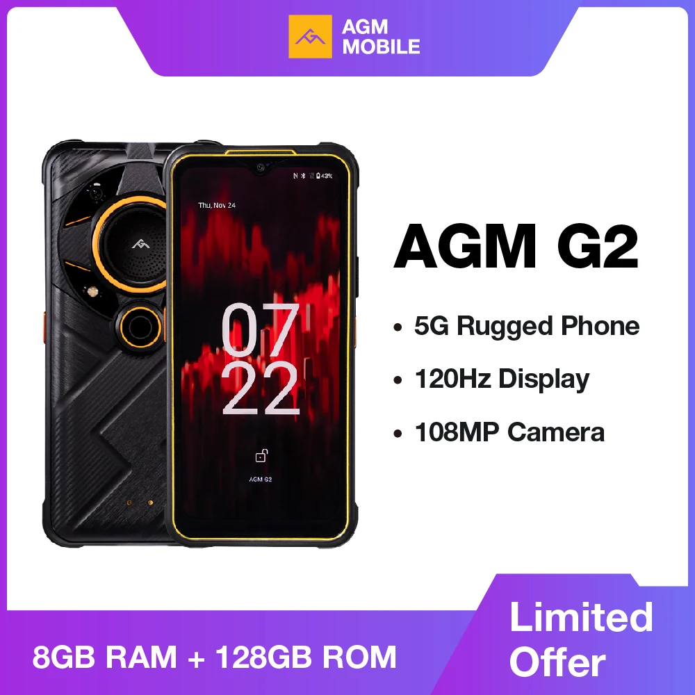 AGM G2 5G Rugged Smartphone: 8+256GB 108MP Camera 20MP Night Vision 120Hz FHD+ Display IP68/IP69K Waterproof 7000mAh Battery