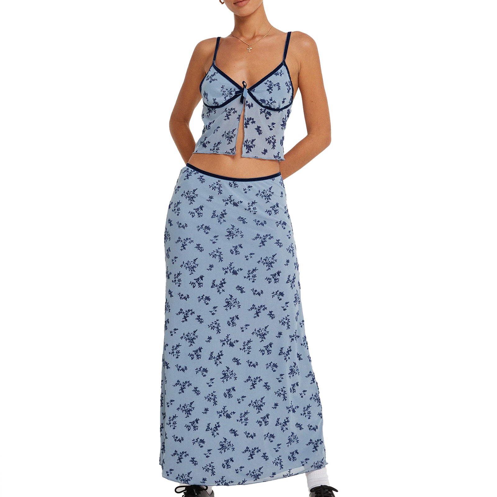 Women Y2K 2 Piece Outfits Floral Print V Neck Bandage Camisole Skirt Set Summer 90s Aesthetic Fairy Grunge Dress Sets Streetwear