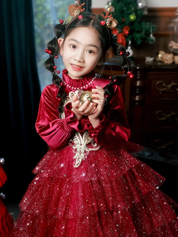 2024 Party Dress for Junior Girls Kids Kid Autumn Christmas Luxurious Sequins Tulle Tutu Dresses Children Baby Clothing Elegant