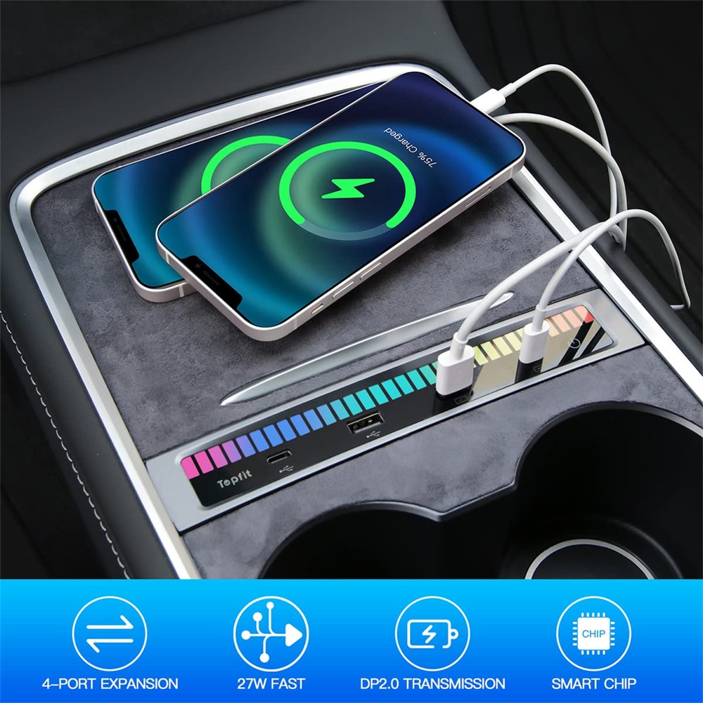 Quick Charger USB Shunt Hub Intelligent Docking Station Car Adapter Powered Splitter Extension For Tesla Model 3 Y 2021 2022 27W
