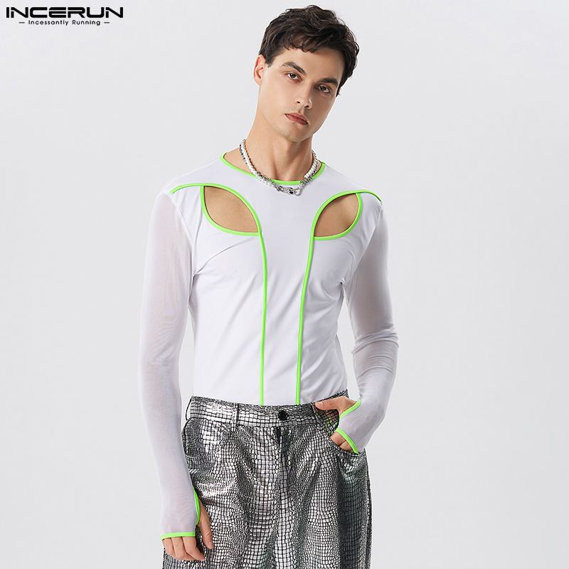 Stylish Hot Sale Jumpsuits INCERUN New Men Fashion Hollowed Thimble Bodysuit Male Splicing Fluorescent Color Line Homewear S-5XL