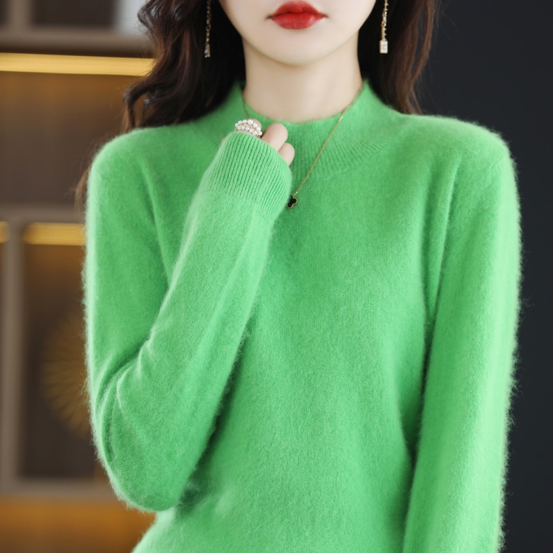 Autumn and winter new 100% mink cashmere sweater women's semi-turtleneck pullover knit bottoming fashion solid color coat