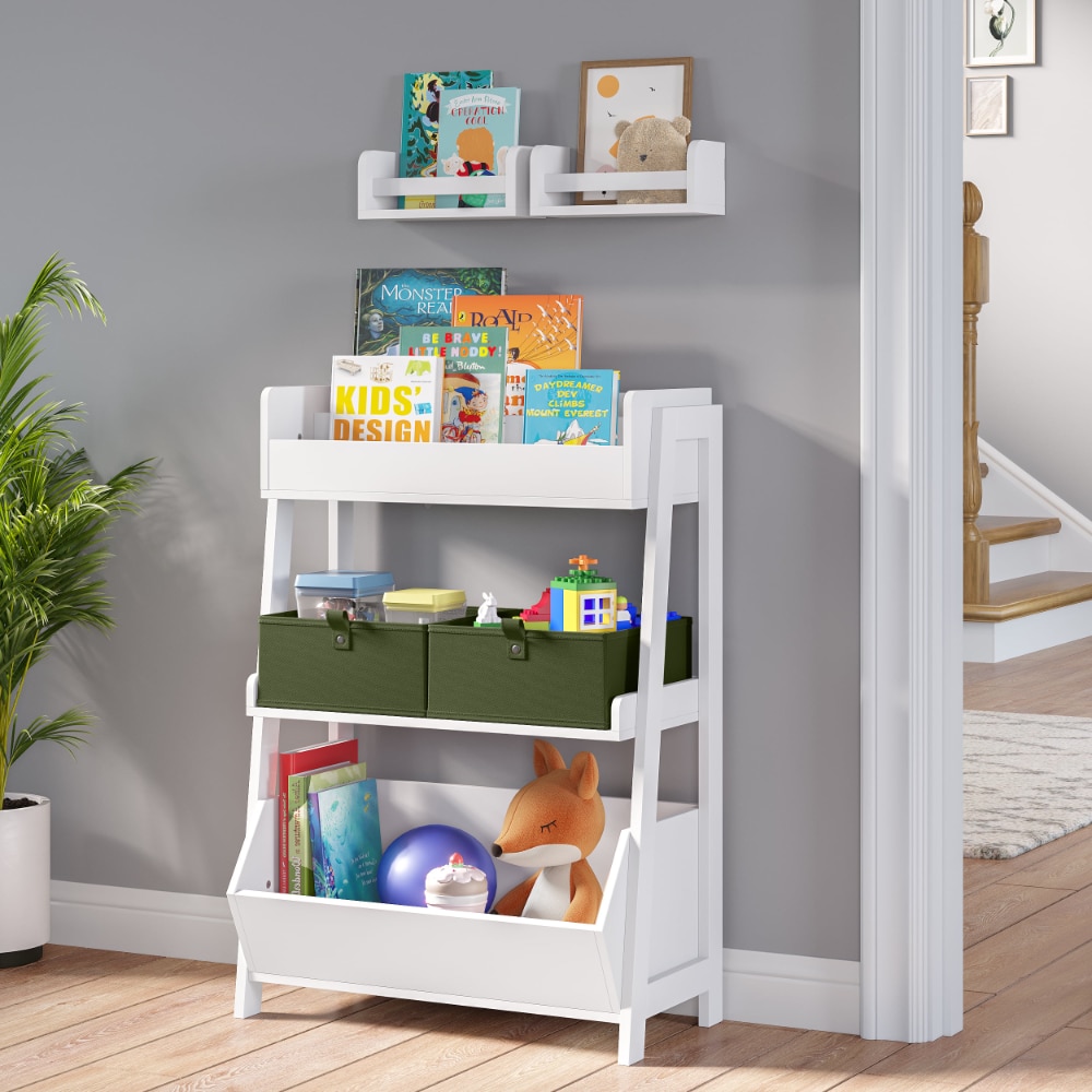 Kids 3-Tier Ladder Shelf with Bookrack, Toy Organizer and 2 Bonus 10" Floating Bookshelves - White, Plant Stand