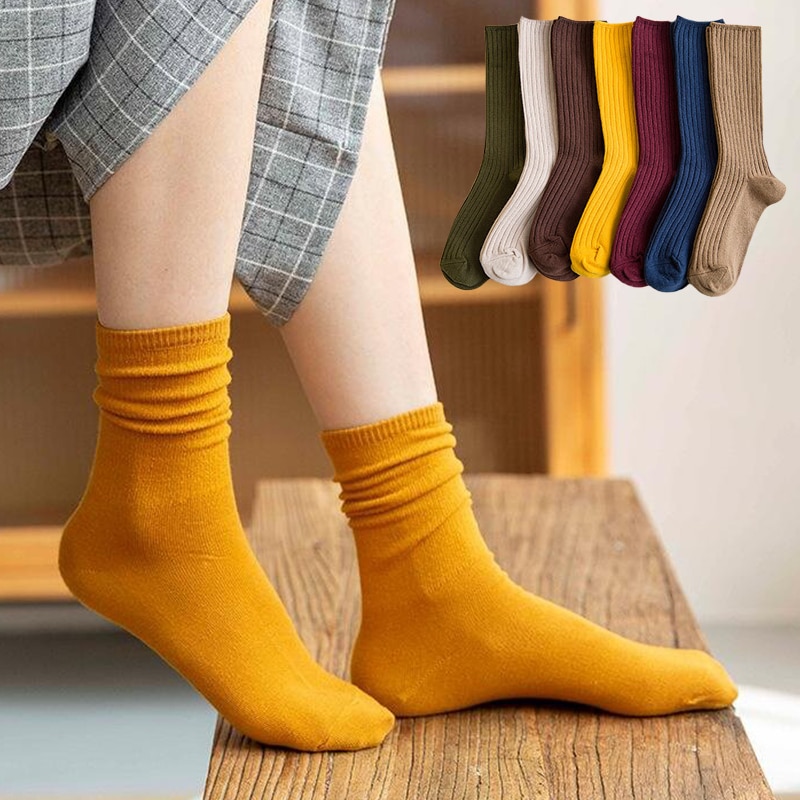1 Pair Autumn Winter Long Cotton Loose Women Socks Fashion Casual Knitting Crew Japanese Korean College Style Solid Color Sock