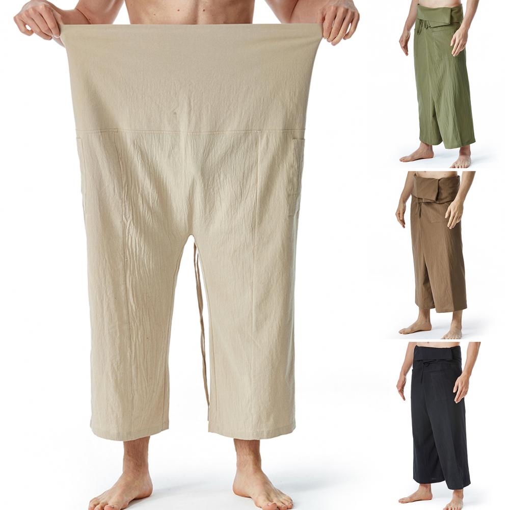 Thai Fisherman Pants Summer Solid Color Drawstring Wide Legs Pockets Menswear Flax Casual Loose Men Martial Arts Trousers