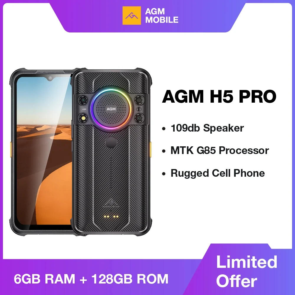 AGM H5 Pro Rugged Helio G85 Smartphone, 6.56" HD+, 6GB+128GB, 48MP Camera, 7000mAh with NFC/IP68, 109dB Speaker and Night V