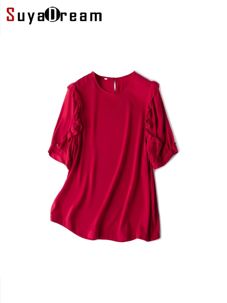 SuyaDream Women Solid Blouses 20momme 93%Silk 7%Spandex O Neck Ruffles Lantern Sleeves Shirts 2023 Summer Casual Top Red
