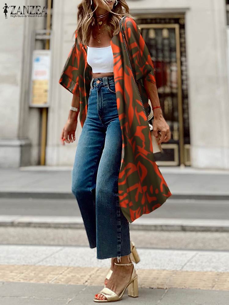 ZANZEA 3/4 Sleeve Fashion Kimonos Commute Streetwear Cover-up Women 2023 Summer Long Cardigans Allover Print Beach Casual Tops