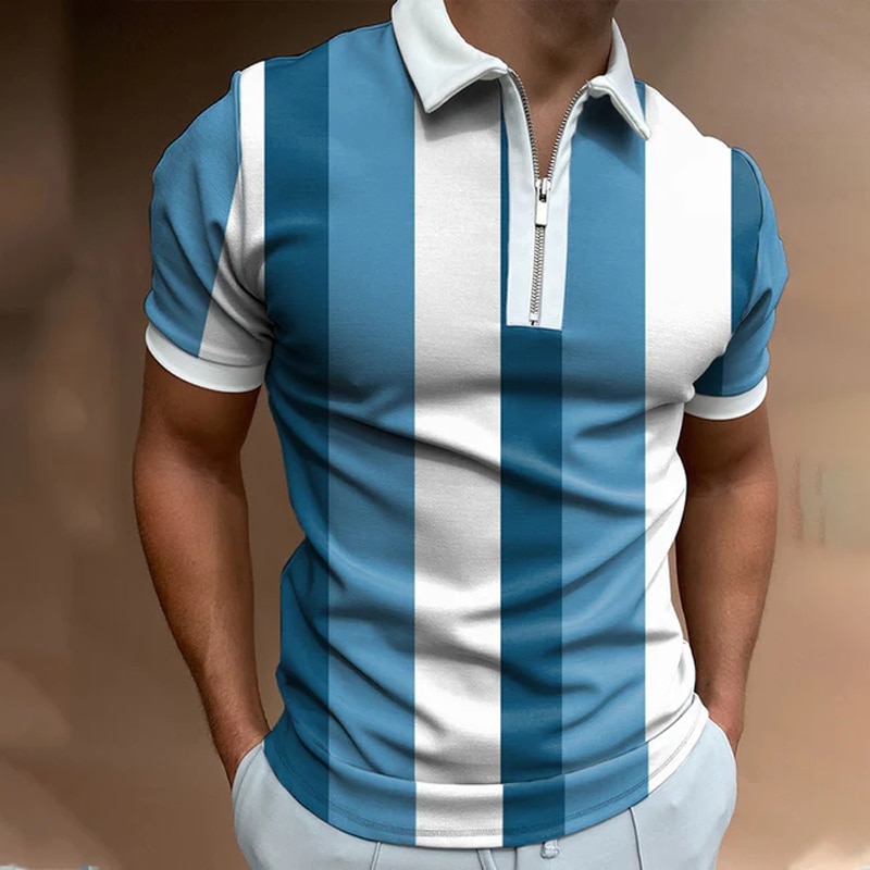 Men's Short Sleeve Zipper Color Contrast Striped Lapel Shirt Simple Atmospheric Hawaiian 3D Printed Top