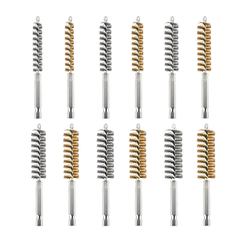 12 PCS Bore Cleaning Brush Brush Set Wire Twisted Brush Stainless Steel For Drill Impact Driver In 6 Sizes