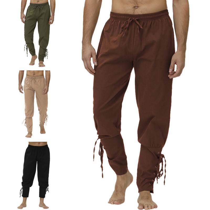 Spring Summer Men's Casual Solid Color Harlan Pants Male Medieval Pants Viking Costume Pirate Trousers Lace Up Pants