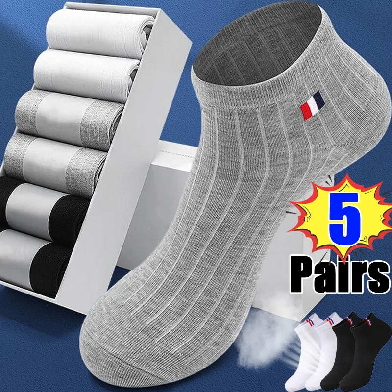 10Pcs=5Pairs Summer Thin Boat Socks Men Casual Socks Breathable Sweat Absorbing Calibration Socks Black Business Ankle Sox
