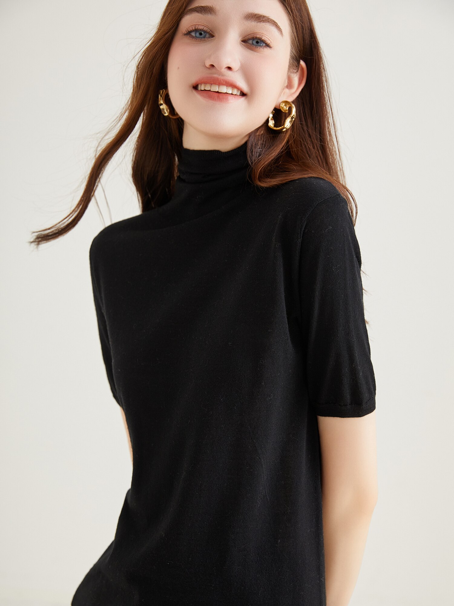 Ladies Sweater for Women 100% Merino Wool Short Sleeve Knitwears Turtleneck Basic Tops Pullover 2023 Knit Clothes Korean Fashion