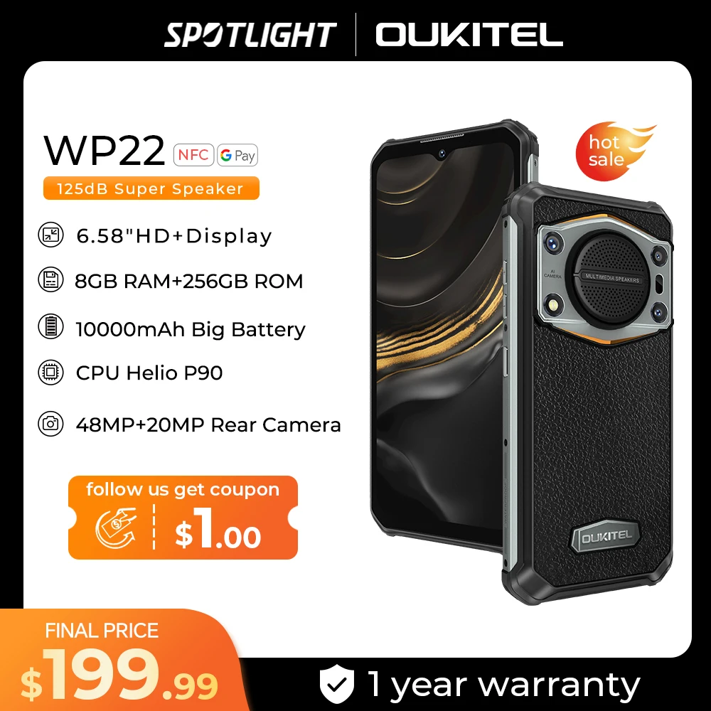 Oukitel WP22 Rugged 6.58" FHD+ 10000mAh 8GB+256GB Helio P90 48MP Rear Camera