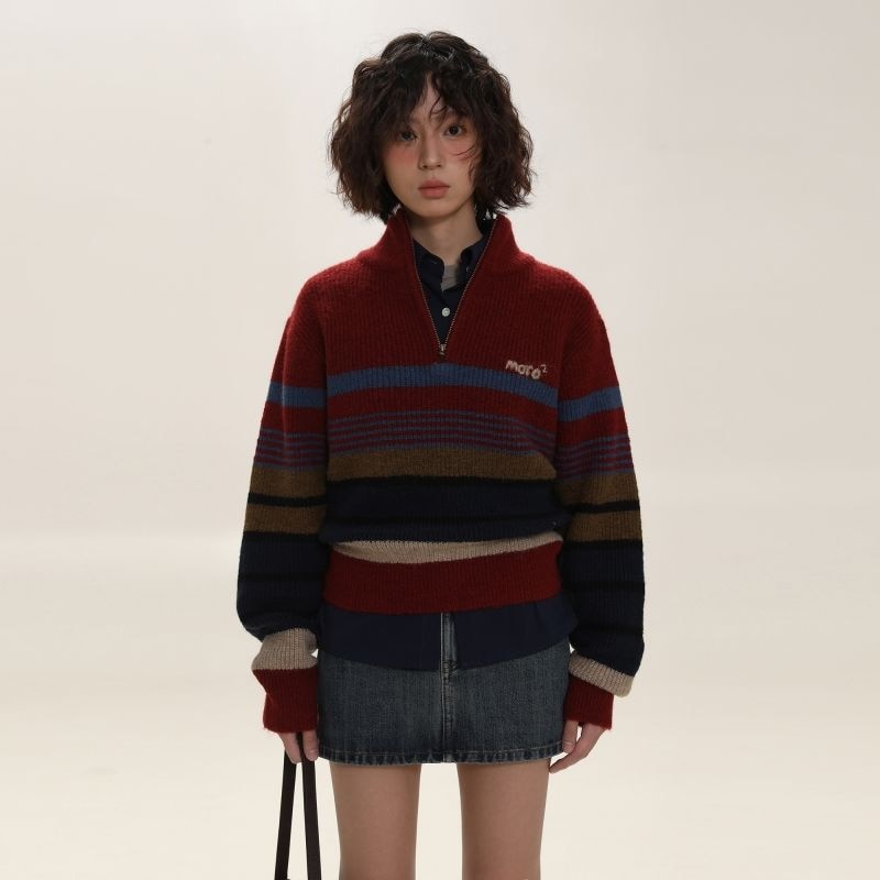 Deeptown Y2k Vintage Striped Sweater Women Gothic Knitted Jumper Turtleneck Streetwear Knitwear Preppy Zipper Korean Fashion