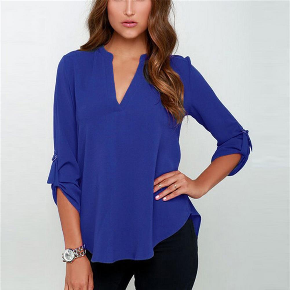 Women T-shirt Chic V Neck Three Quarter Sleeves Pure Color Summer Blouse Female Clothing Lady Summer Shirt Summer Blouse