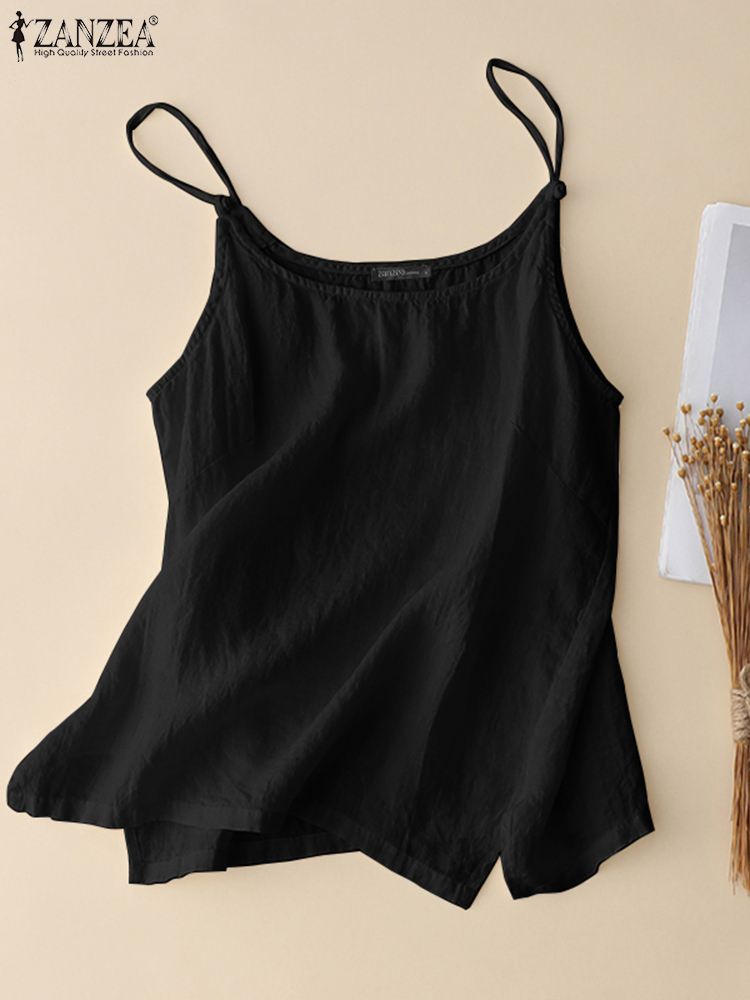 ZANZEA Casual Solid Beach Tank Tops Summer Woman Vest Camisole Stylish Holiday Shirt Sleeveless O-Neck Split Hem Strap Blouse