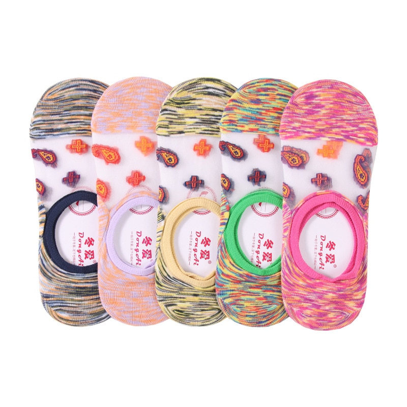Women Transparent Mesh Socks Summer Flower No Show Socks Non-slip Cotton Thin Female Invisible Boat Sock