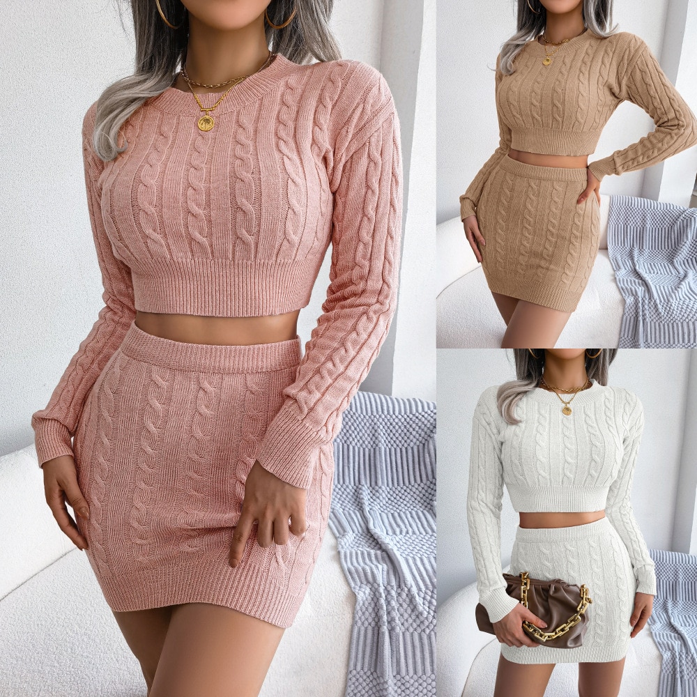 Autumn Winter Women's Casual Fried Dough Twist Navel Revealing Sweater Hip Skirt Knitting Suit Fashion Female & Lady Sk