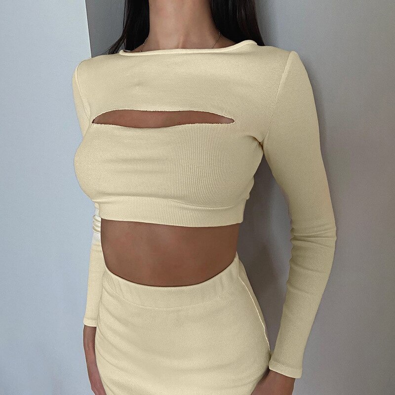 Women's Suit 2023 Spring and Summer Fashion New Sexy Solid Color Hollow Out Umbilical Top Open Short Skirt Suit Female