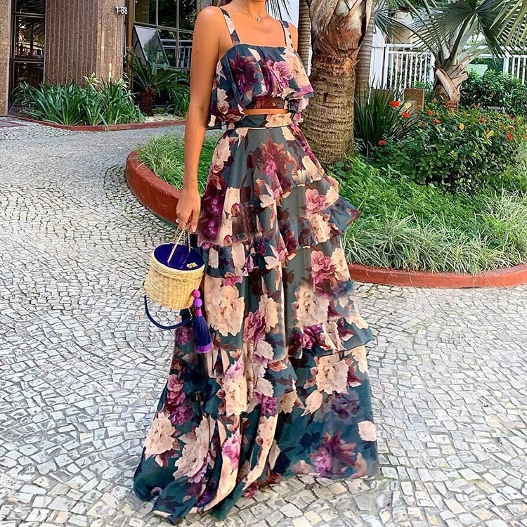 2023 Summer Bew Beach Side Resort Style Print Suit Halter Top + Cake Skirt Long Skirt Set Female