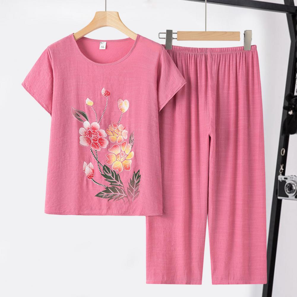 2Pcs/Set Middle-aged Mother Casual Tops Pants Set Embroidery Flower Print O-neck Short Sleeve Pleated Elastic Waist Wide Leg Dai