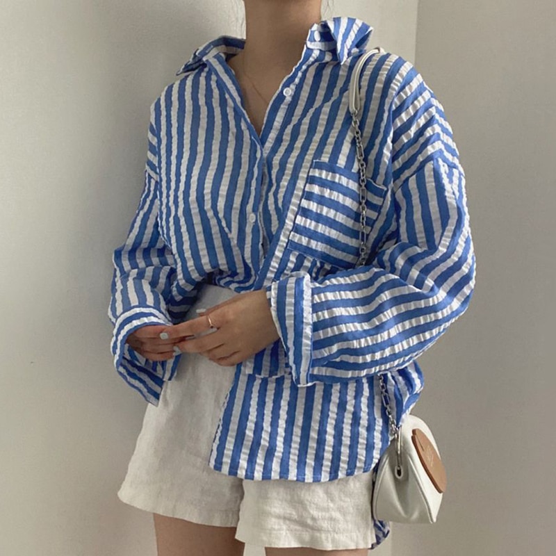 2023 Autumn Temperament Lapel Collar Blusa Contrast Striped Single Breasted All Match Loose Long Sleeved Shirt Tops Mujer