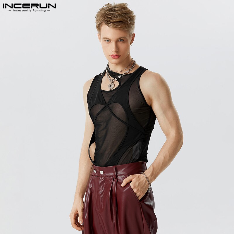INCERUN Men Bodysuits Mesh Transparent Hollow Out Sleeveless Irregular Bodysuits Fitness 2023 Sexy Fashion Male Rompers S-5XL