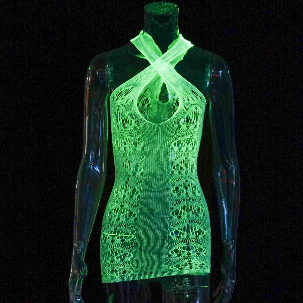 Glow In The Dark Sexy Fishnet Bodysuit Leggings One-piece Mesh Perspective Fishnets Lingerie Suspenders Clothes Luminous F9o8