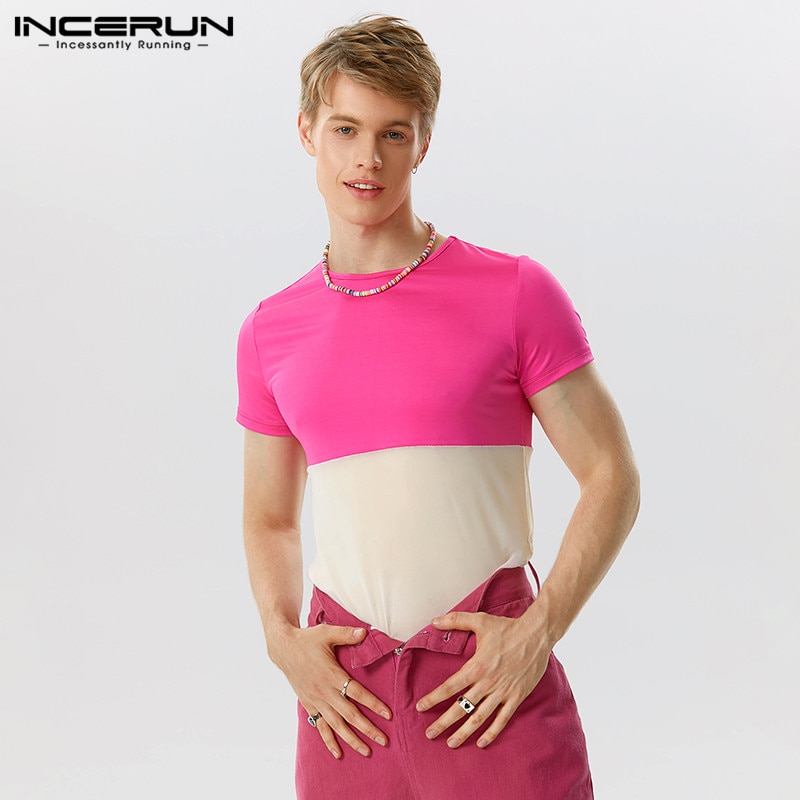 INCERUN 2023 Sexy Style Men's Homewear Jumpsuits Fashion Solid Patchwork See-through Mesh Triangle Short Sleeved Bodysuits 