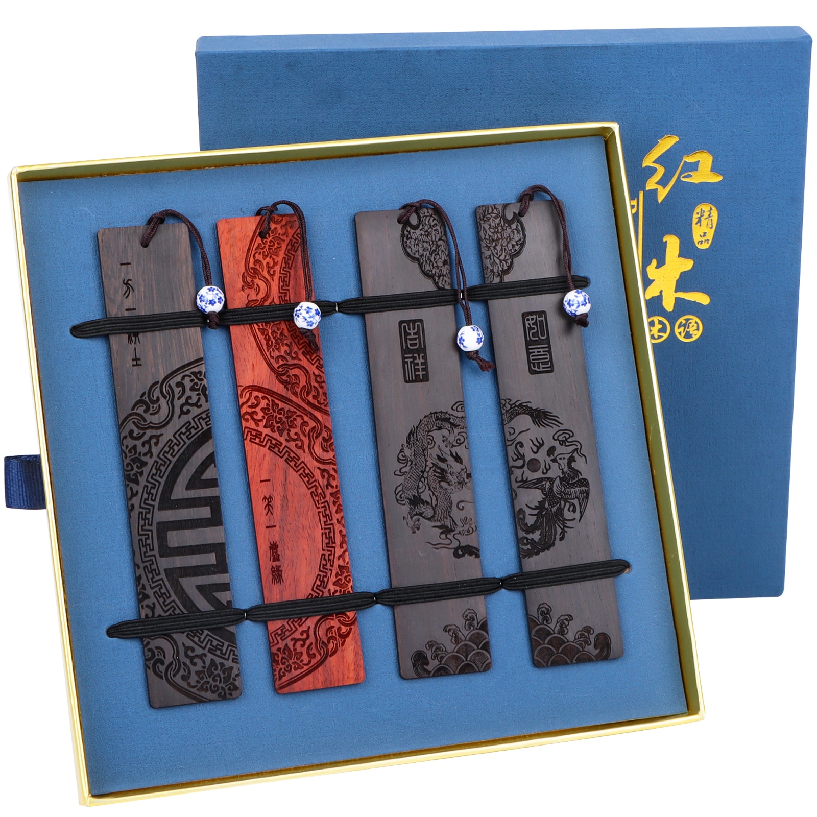 4-Pack Handmade Wooden Bookmarks Gift Box Set, Natural Carving Wooden Bookmark