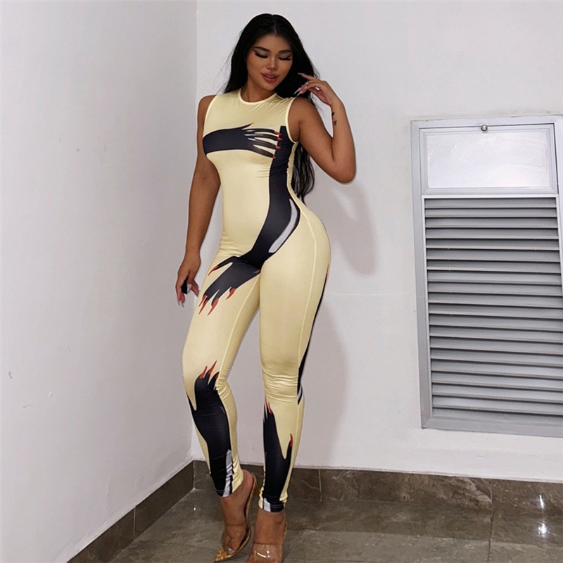 Casual Print Slim Fit Hip Lifting Jumpsuits Women Summer 2023 O Neck Sleeveless High Waist Zipper Female Overalls Jogging Suits