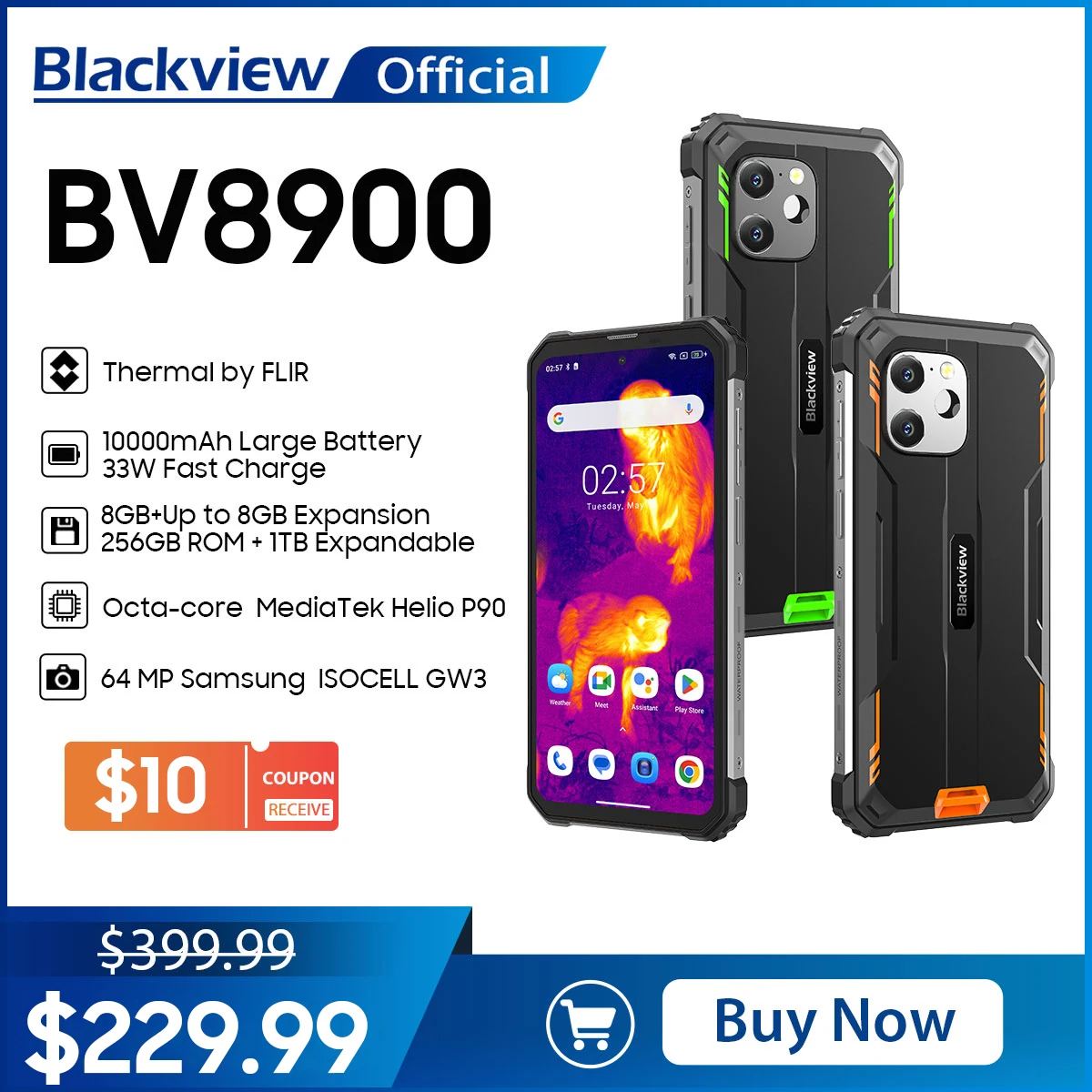 [World Premeire] Blackview BV8900 Android 13 Rugged Machine, 6.5'' 1080*2400 16GB 256GB, Helio P90 Octa Core, Thermal 