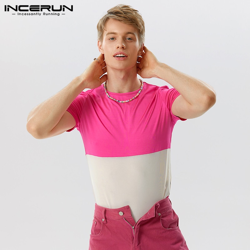 Men Bodysuits Mesh Patchwork 2023 Transparent O-neck Short Sleeve Summer Male Rompers T Shirt Sexy Cozy Bodysuit S-5XL INCERUN