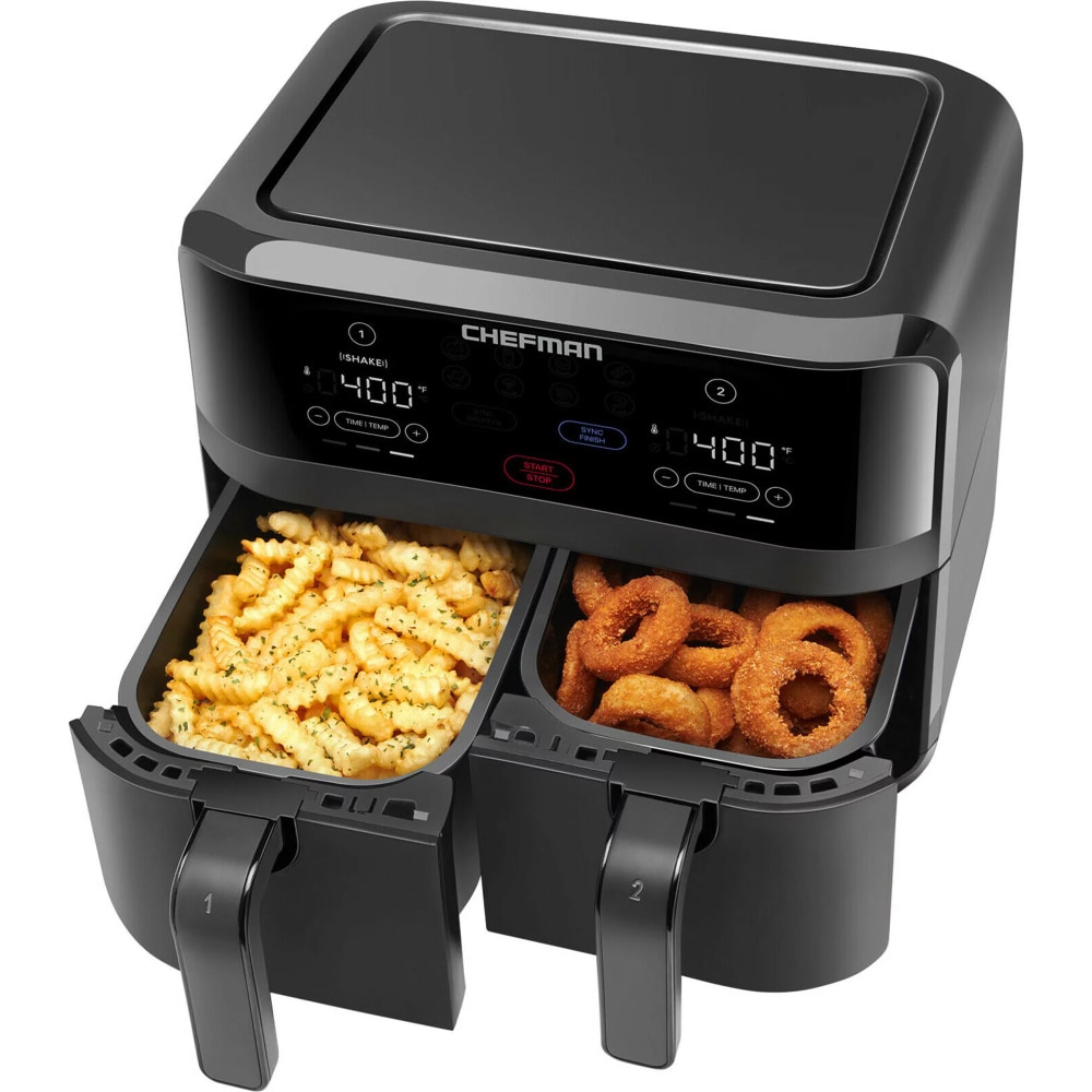 2023 New Chefman TurboFry Digital Touch Dual Basket Air Fryer, XL 9 Qt, 1500W, Black