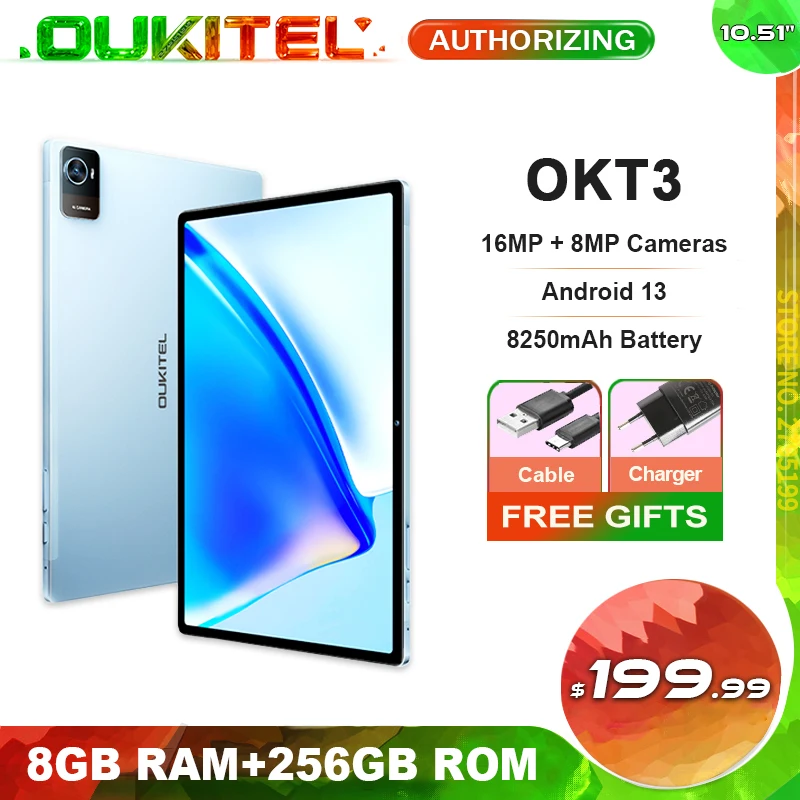 Oukitel OKT3 Tablet 10.51" FHD+ Display, 8250mAh Battery, 8GB 256GB, Android 13 Tablet, Pad, 16MP Camera T616 Octa core Tab