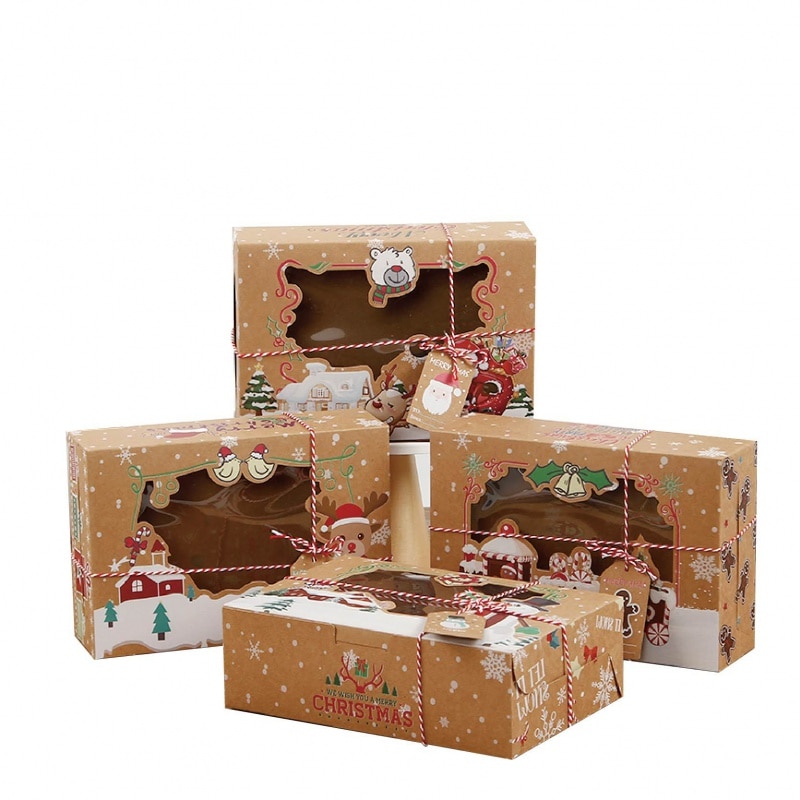 Large Holiday Christmas Cupcake Cookie Bakery Kraft Packaging Box With Window Tag For Party Favor Gift Giving