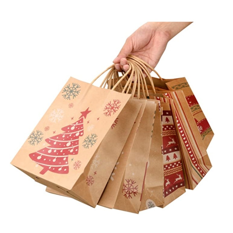 Christmas Gift Bags Classic Variety Kraft Gift Bags Bulk with Christmas Prints