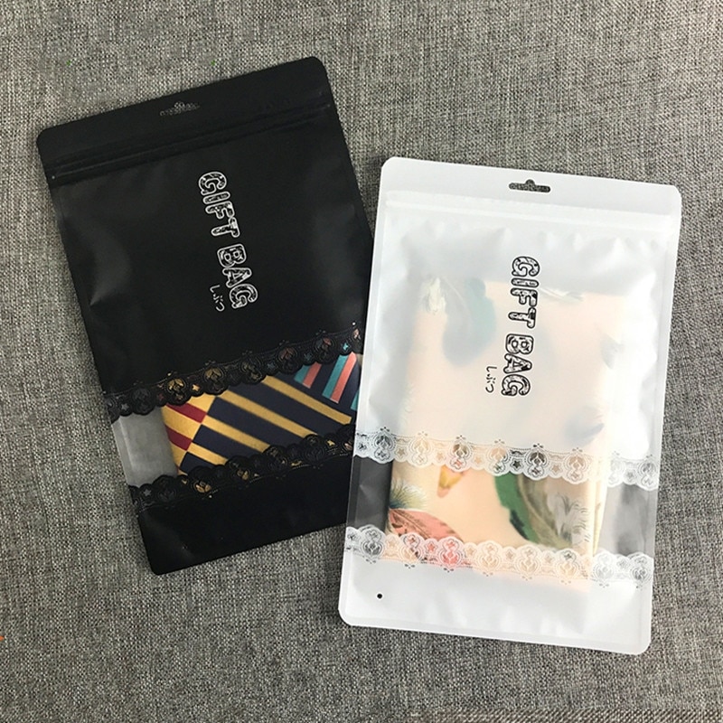 Customized Black Frosted Garment Zipper Bag Eco-Frinedly Plastic Window Lace Bag Underwear Bra Leggings Gift Packing Bag