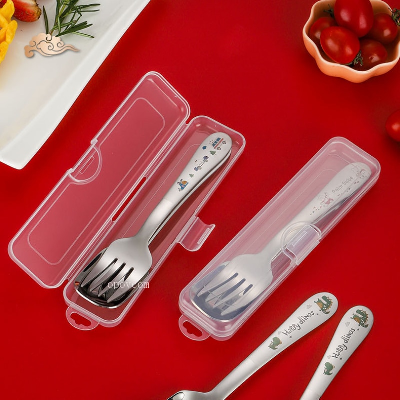 Creative Cartoon Printing Baby Fork Spoon 304 Stainless Steel Children's Tableware Set Baby Eating Spoon Fork with Box Tabl