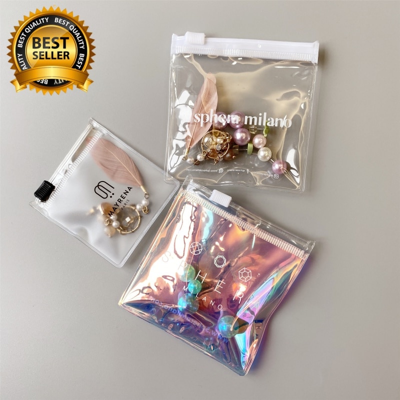 High Quality colored laser holographic Mylar custom logos Cosmetic zip lock packaging bags Jewelry Pouch