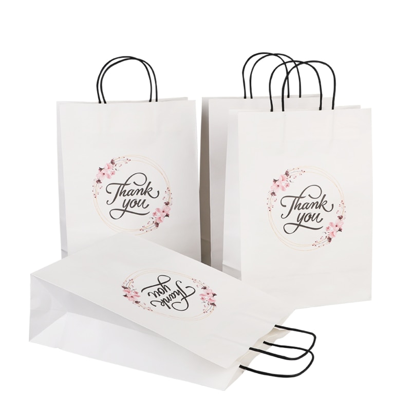 Wholesale customised size print logo fancy thank you white kraft paper bag special day wedding personalised gift bag with handle